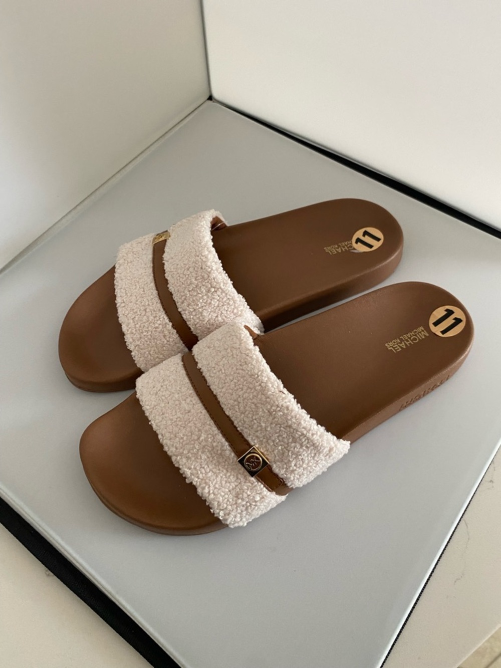Michael Kors Women’s Cream Sherpa Slide Sandals with Brown Footbed, Size 11